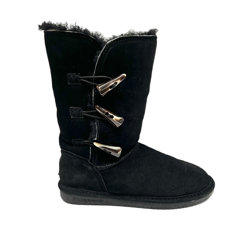 BearPaw Suede Black Sheepskin Wool Toggle Boots 917W-Jade, Size 8